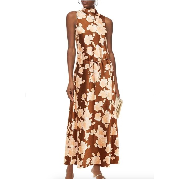 Vince. Belted Floral Satin-Crepe Maxi Dress in Amber Brown sz S‎